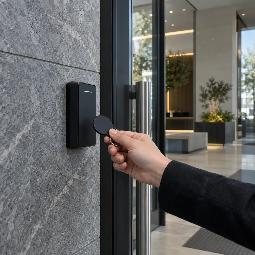 Access fob presented to a reader beside a commercial glass door