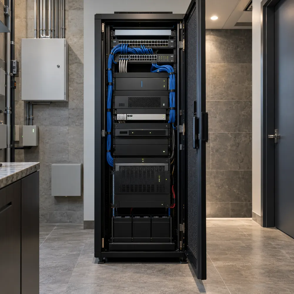 Alarm communication equipment and network connections in a commercial cabinet