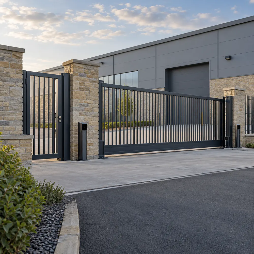 Sliding commercial gate with a separate pedestrian entrance
