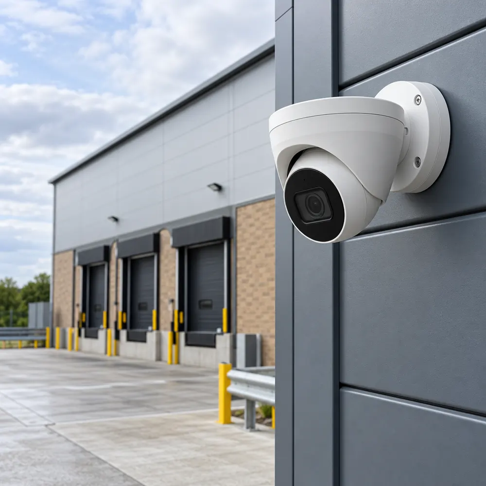 Turret CCTV camera mounted above a commercial warehouse loading area