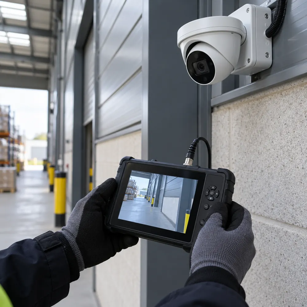 Technician checking a warehouse camera with a portable diagnostic device