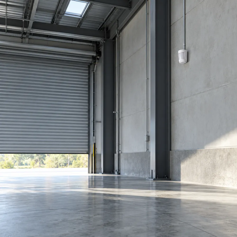 Movement detector overlooking a warehouse interior and loading shutter
